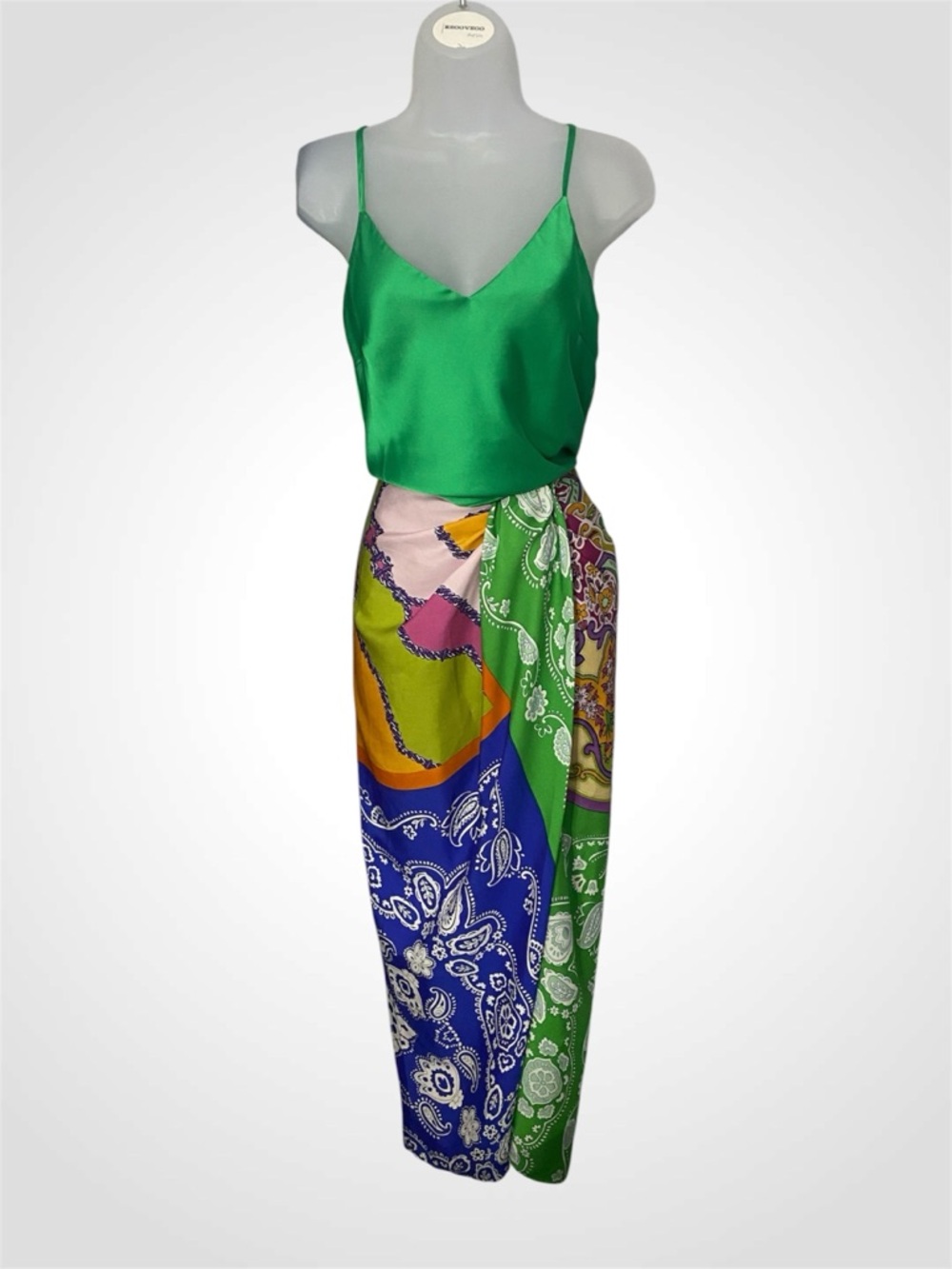 Bundle - Green Spaghetti Straps Cami with Colorful Paisley Wrap Skirt
